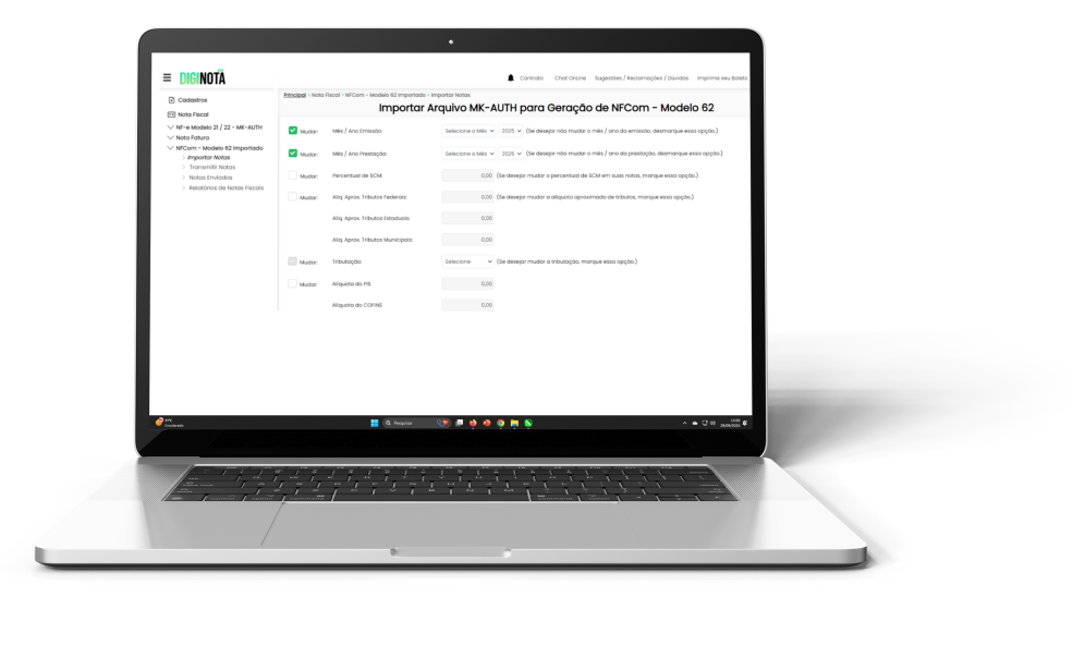 Tela do sistema DiginotaNFe importando arquivo para geração de NFCom modelo 62